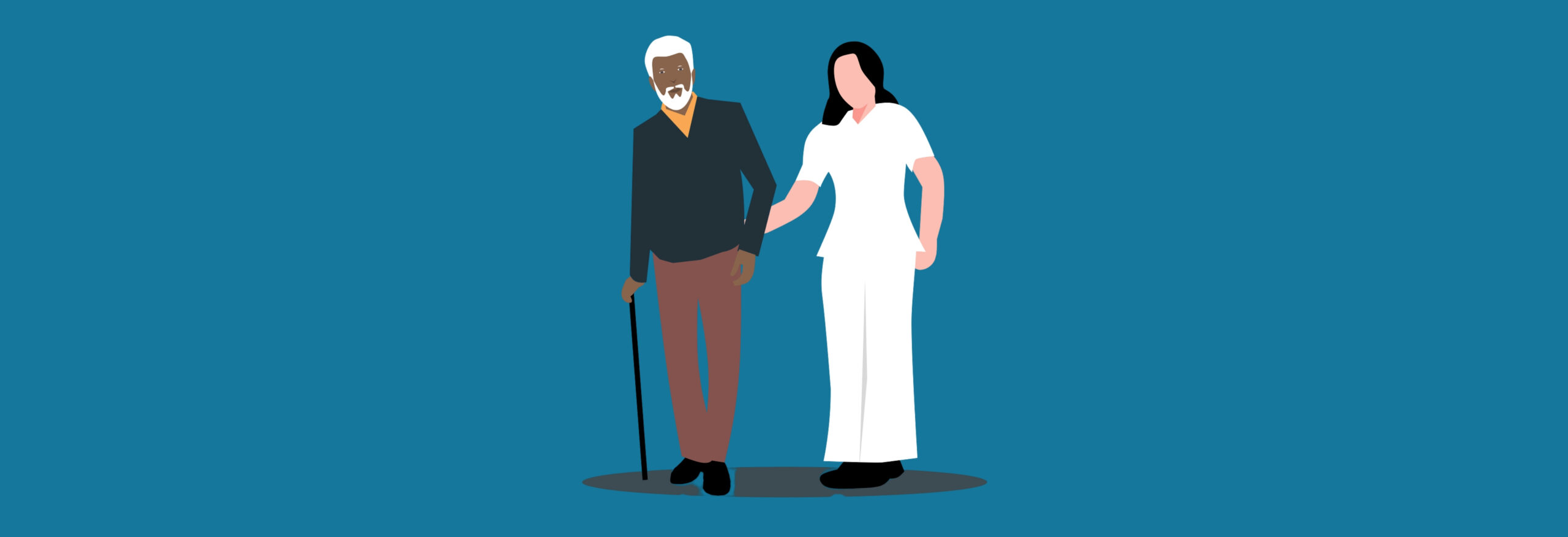 illustrazione di un'infermiera che aiuta un anziano che si sorregge su un bastone