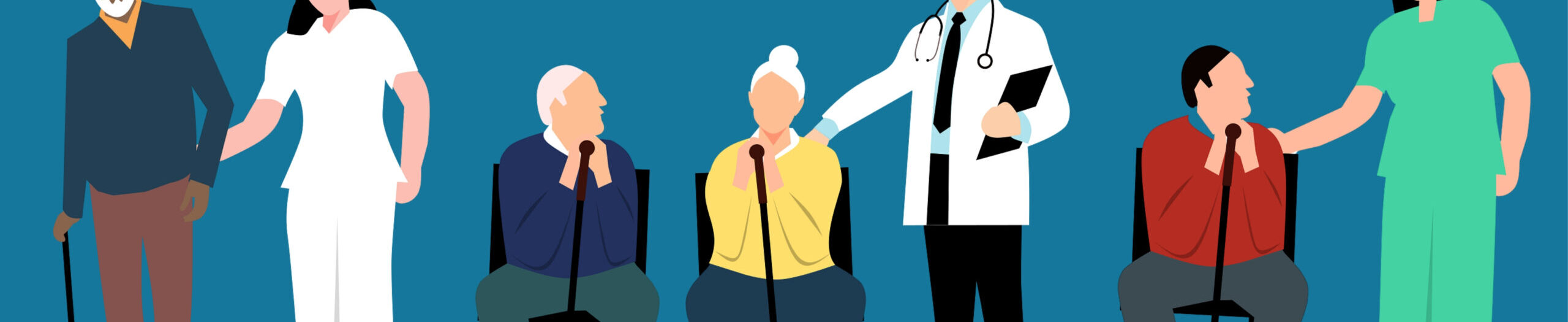 illustrazione di infermieri e dottori che assistono gli anziani