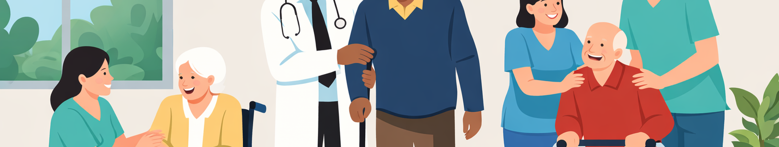 illustrazione del personale di una casa di riposo che assiste gli anziani