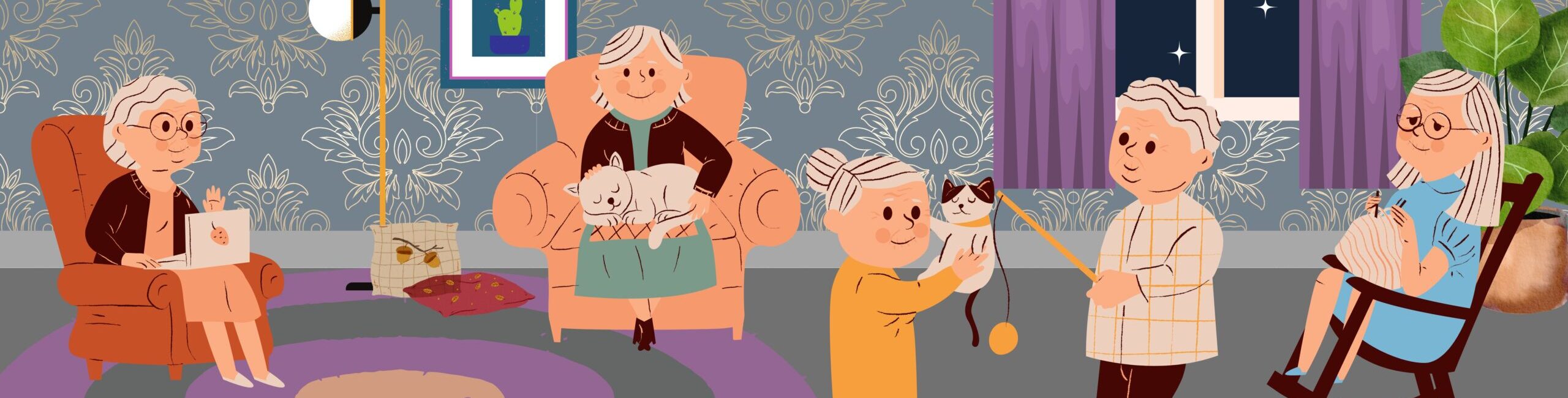 illustrazione di un'ambiente comune di una casa di riposo con anziani